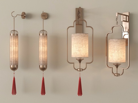 新中式壁灯组合  长形遮罩壁灯 金属壁灯su模型