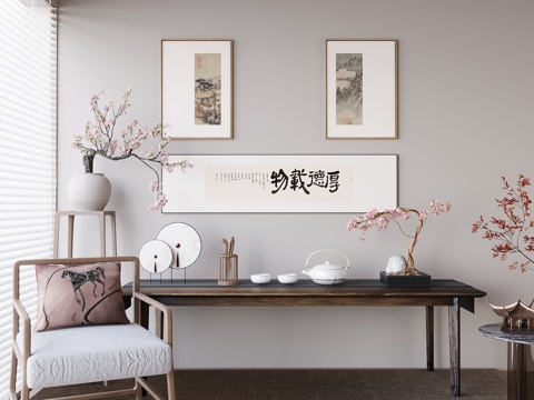 新中式禅意挂画 山水画 花鸟国画 书房挂画 办公室挂画 办公su模型