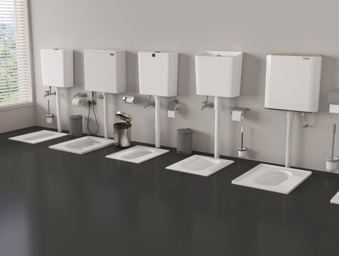 现代蹲便器 冲水箱 蹲厕 垃圾桶 厕纸盒su模型