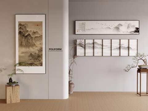 新中式禅意挂画 山水画 花鸟国画 书房挂画 办公室挂画 办公su模型