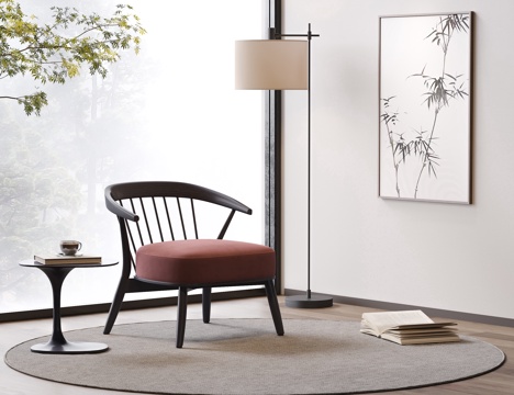 新中式休闲椅 实木休闲椅 装饰画 有扶手 落地灯su模型