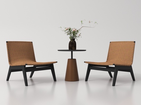 侘寂藤编休闲椅 休闲桌椅su模型