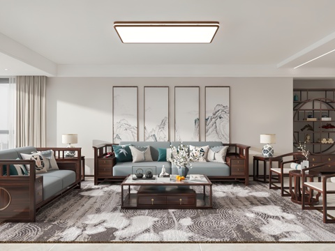  新中式客餐厅 佛堂 电视墙3d模型 