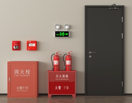 现代消防门 防火门 安全出口 消防栓 灭火器 应急感应灯su模型