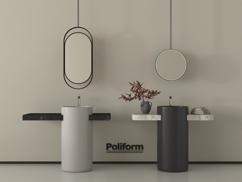 现代洗手台 洗手盆 柱盆 镜子su模型