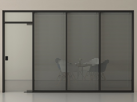 现代玻璃单开门 办公室玻璃隔断 玻璃夹层百叶帘su模型