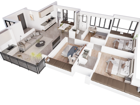 现代室内鸟瞰图 全屋方案su模型