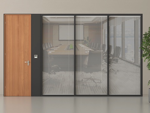 现代玻璃单开门 办公室玻璃隔断 玻璃夹层百叶帘su模型