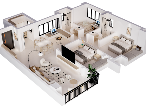 现代原木奶油室内鸟瞰图 全屋方案su模型