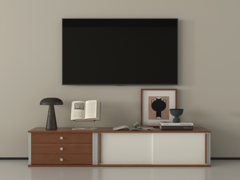 现代中古电视柜 落地电视柜 摆件 电视su模型