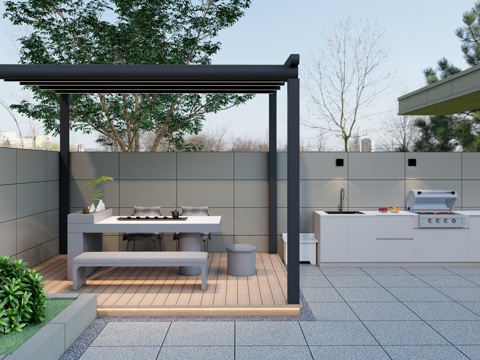 现代庭院花园景观 遮阳棚 遮阳天幕 户外茶桌椅 水吧台 烧烤su模型