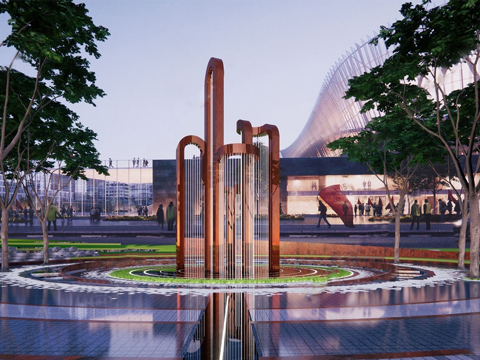 现代圆形水景雕塑广场景观su模型