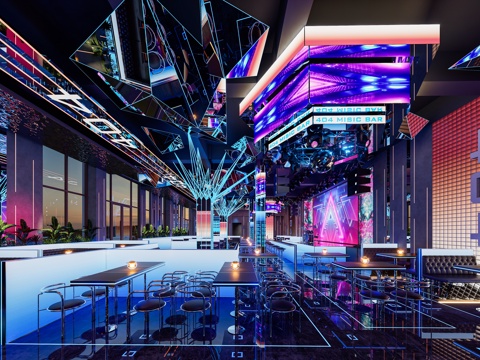 酒吧夜店 酒吧俱乐部 DJ舞厅舞台 卡座桌椅 软膜灯箱su模型
