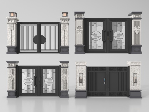 新中式大门 别墅庭院门 户外大门 庭院铁艺大门su模型