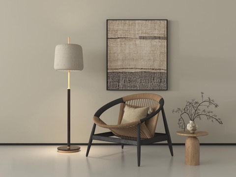 中古风休闲椅 圆几 小几 落地灯 挂画 花艺su模型