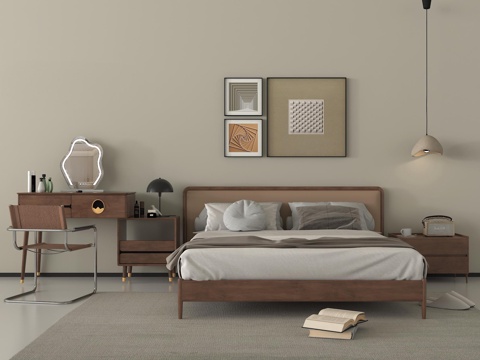 中古风双人床 床头柜 吊灯 梳妆台 挂画 摆件su模型