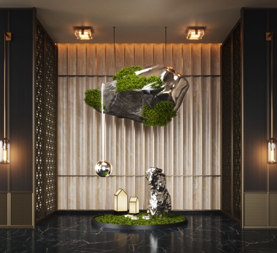 新中式艺术装置 石头装置 景观石头 苔藓装置su模型