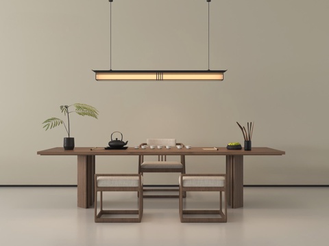 新中式茶室 茶桌椅组合 吊灯 摆件su模型