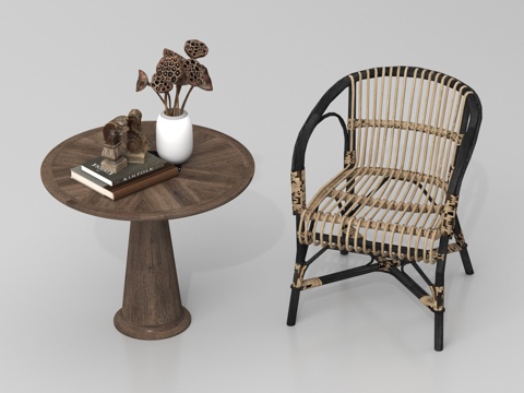 法式藤编休闲椅 边几 摆件su模型