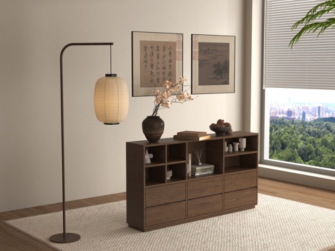 中式餐边柜 矮柜 装饰柜 斗柜 落地灯 挂画 摆件su模型