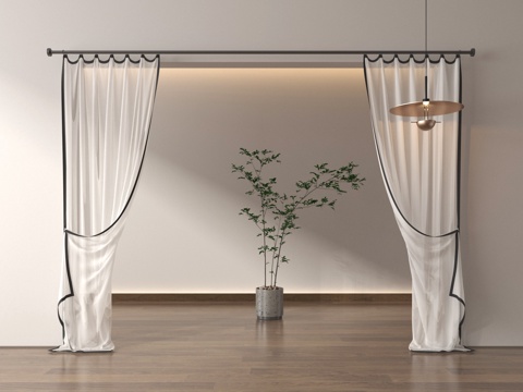 现代窗帘 布艺窗帘 罗马杆窗帘 窗帘杆su模型