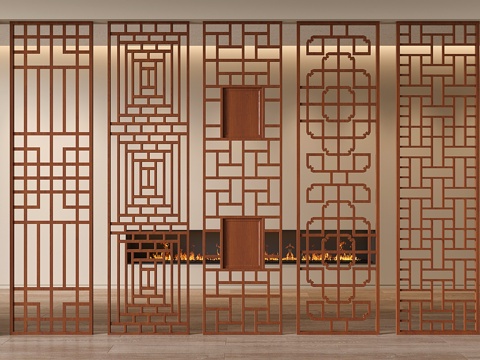  新中式实木镂空花格 雕刻花格 花格隔断3d模型 