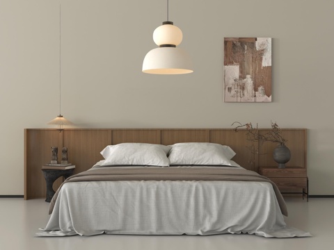 侘寂风双人床 吊灯 床头柜 挂画su模型