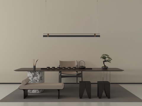 现代茶室 茶桌椅组合 吊灯 摆件su模型