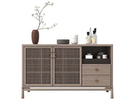 新中式餐边柜 装饰柜 茶水柜su模型