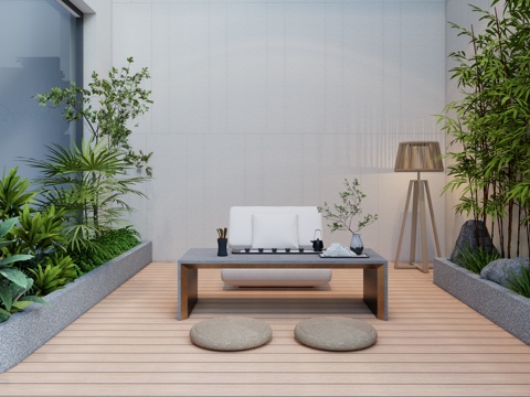 现代庭院花园空间 茶道文化 茶桌椅 蒲团 落地氛围灯su模型