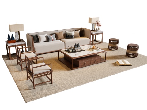 新中式宋式风沙发茶几组合 多人沙发 休闲椅 地毯su模型
