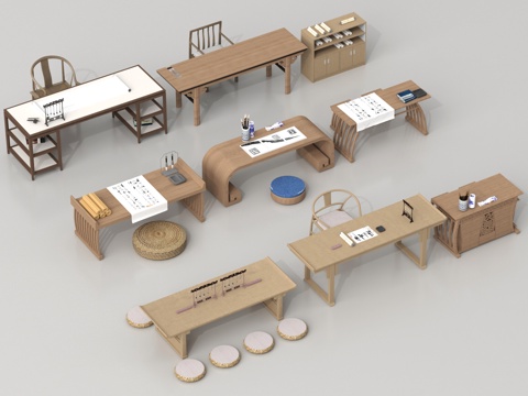 新中式书桌椅 茶桌椅 实木桌椅 摆件su模型