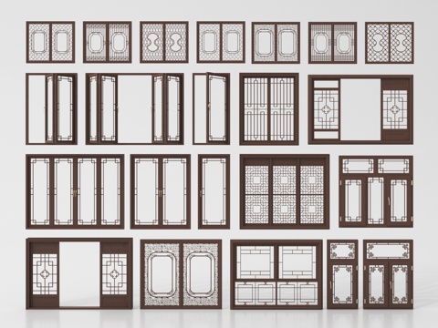 新中式窗户 平开窗 落地窗 阳台窗 折叠窗su模型