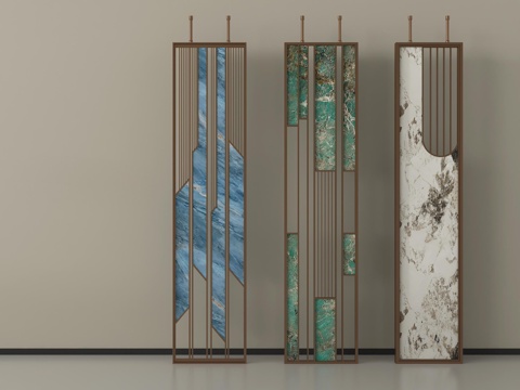 新中式屏风 隔断 金属屏风su模型