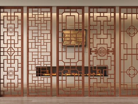  新中式实木镂空花格 雕刻花格 花格隔断3d模型 