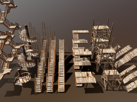 复古楼梯 旋转楼梯 木梯 直梯su模型