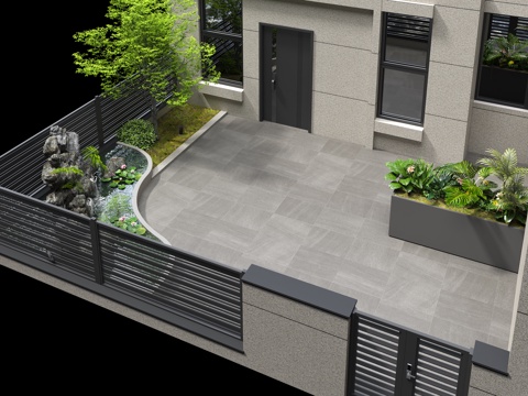 现代庭院假山水景 现代花园花箱树池 外墙真石漆 现代庭院栏杆su模型