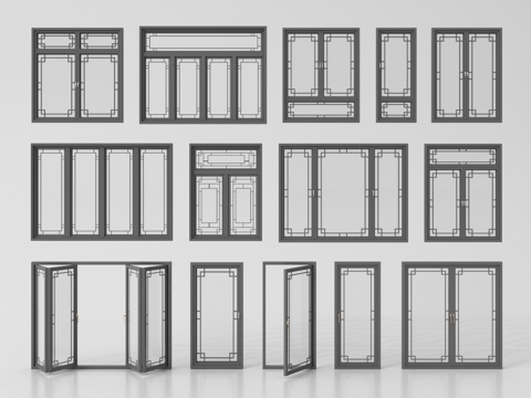 新中式窗户 平开窗 落地窗 阳台窗 折叠窗su模型