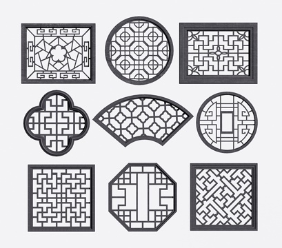 新中式镂花窗 中式花格窗 雕花窗su模型