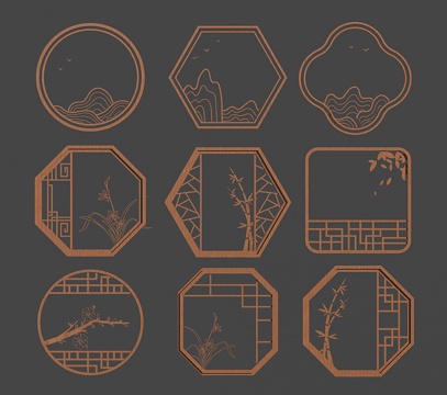 新中式木质镂花窗 镂空花格窗 雕刻花格窗 造型窗su模型