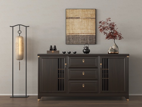 新中式餐边柜 装饰柜 储物柜 茶水柜 矮柜su模型