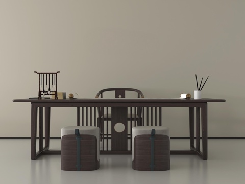 新中式茶桌组合 茶台组合 茶室 茶具su模型