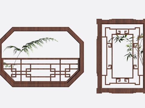新中式实木镂花窗 中式花格窗 雕花窗su模型su模型