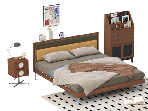 法式双人床 床头柜 装饰柜 台灯su模型