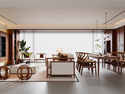 新中式宋式风客餐厅 沙发茶几 餐桌椅 电视背景墙 餐边柜 吊su模型