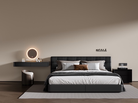  现代意式双人床 皮质双人床 床头柜 梳妆台 地毯3d模型 