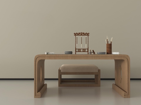 新中式书桌椅 茶桌椅 实木桌椅 摆件su模型