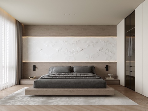 现代极简卧室 双人床su模型