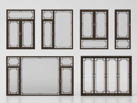 新中式窗户 平开窗 落地窗 阳台窗su模型