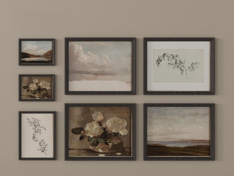 法式中古风挂画组合 装饰挂画su模型